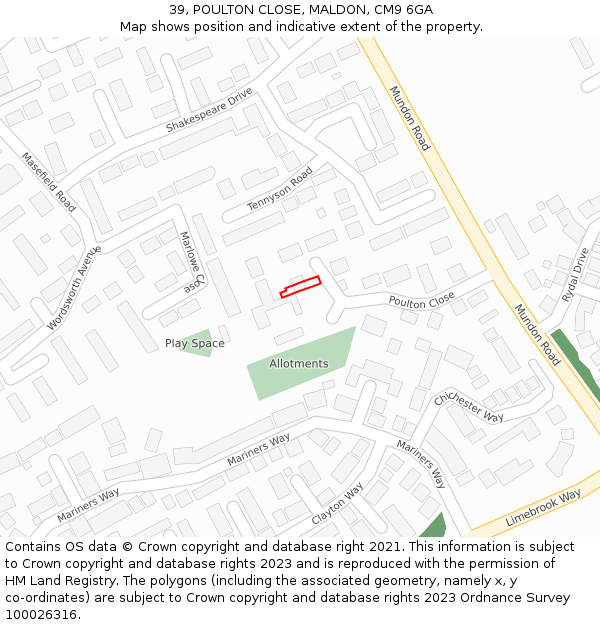 39, POULTON CLOSE, MALDON, CM9 6GA: Location map and indicative extent of plot