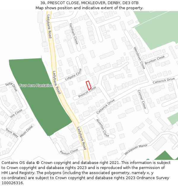 39, PRESCOT CLOSE, MICKLEOVER, DERBY, DE3 0TB: Location map and indicative extent of plot