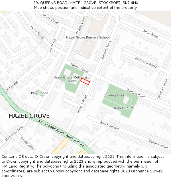 39, QUEENS ROAD, HAZEL GROVE, STOCKPORT, SK7 4HX: Location map and indicative extent of plot