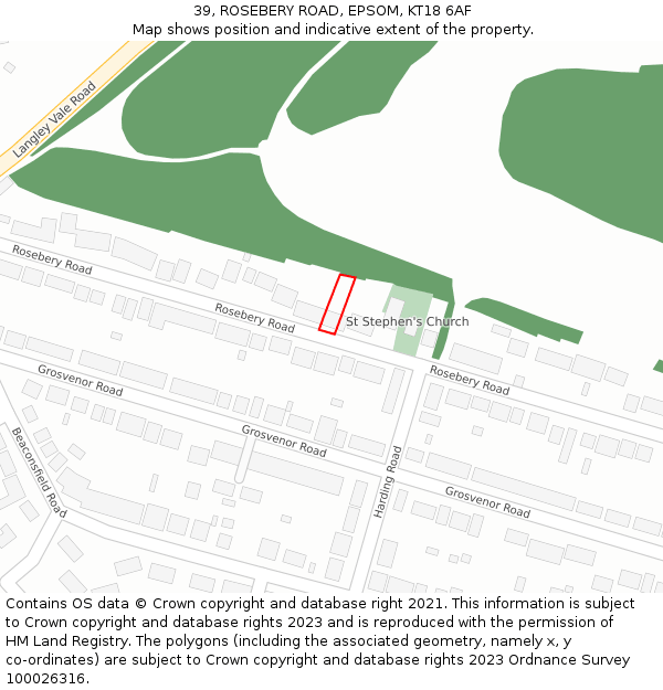 39, ROSEBERY ROAD, EPSOM, KT18 6AF: Location map and indicative extent of plot