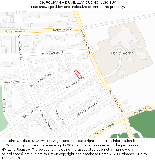 39, ROUMANIA DRIVE, LLANDUDNO, LL30 1UY: Location map and indicative extent of plot