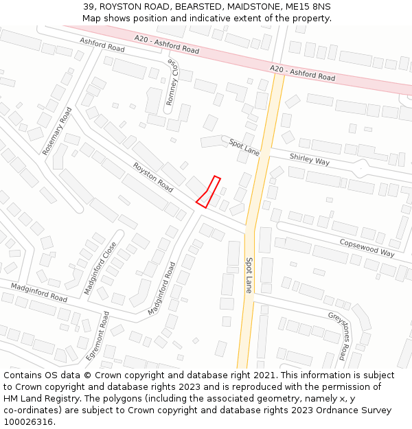 39, ROYSTON ROAD, BEARSTED, MAIDSTONE, ME15 8NS: Location map and indicative extent of plot