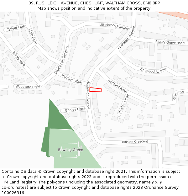39, RUSHLEIGH AVENUE, CHESHUNT, WALTHAM CROSS, EN8 8PP: Location map and indicative extent of plot
