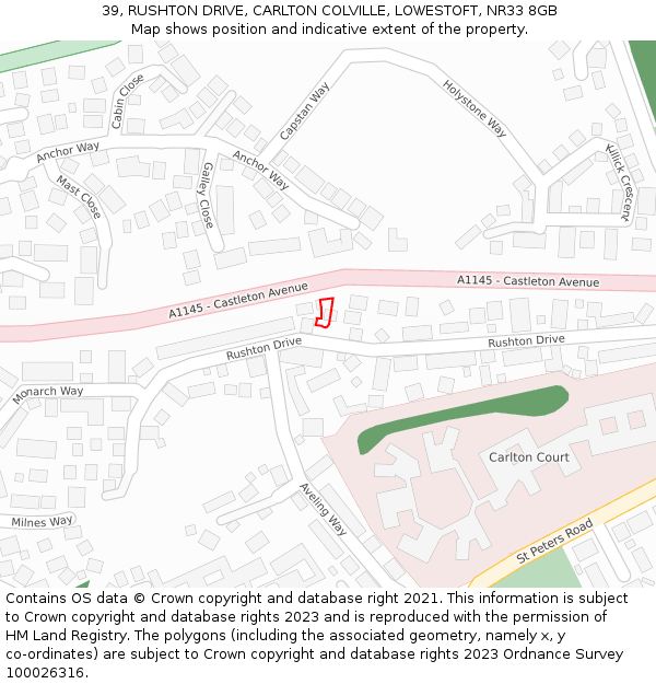 39, RUSHTON DRIVE, CARLTON COLVILLE, LOWESTOFT, NR33 8GB: Location map and indicative extent of plot
