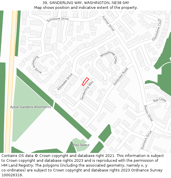 39, SANDERLING WAY, WASHINGTON, NE38 0AY: Location map and indicative extent of plot