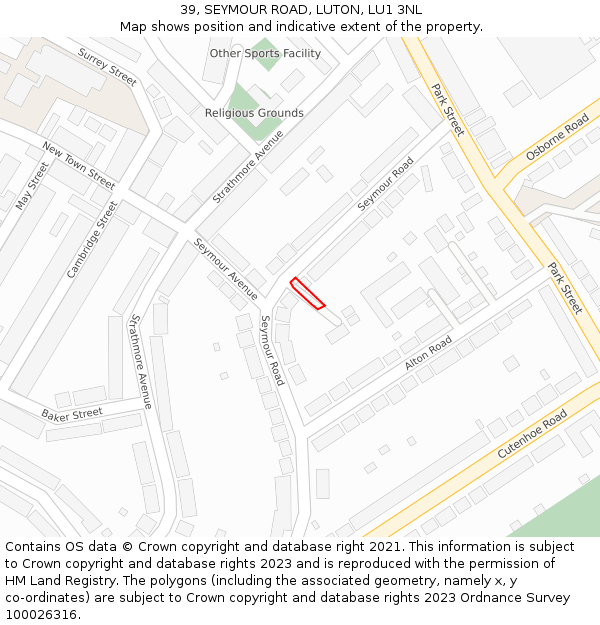 39, SEYMOUR ROAD, LUTON, LU1 3NL: Location map and indicative extent of plot