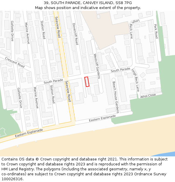 39, SOUTH PARADE, CANVEY ISLAND, SS8 7PG: Location map and indicative extent of plot