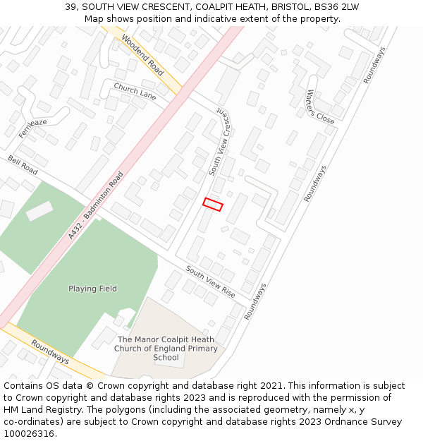 39, SOUTH VIEW CRESCENT, COALPIT HEATH, BRISTOL, BS36 2LW: Location map and indicative extent of plot