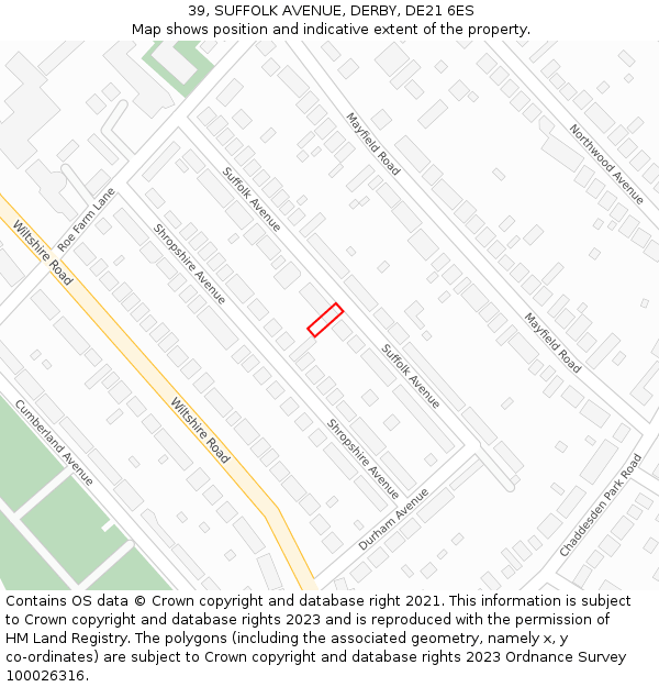 39, SUFFOLK AVENUE, DERBY, DE21 6ES: Location map and indicative extent of plot