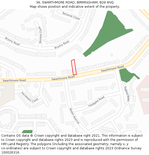 39, SWARTHMORE ROAD, BIRMINGHAM, B29 4NQ: Location map and indicative extent of plot