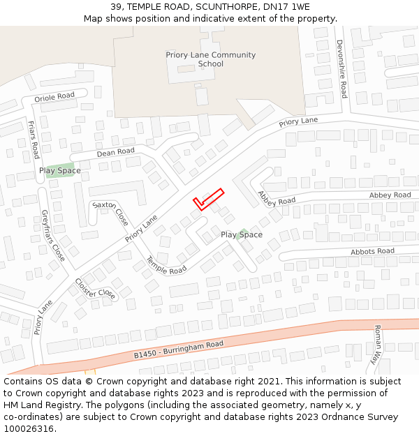 39, TEMPLE ROAD, SCUNTHORPE, DN17 1WE: Location map and indicative extent of plot