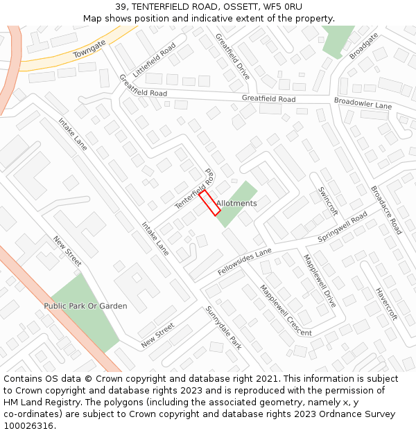 39, TENTERFIELD ROAD, OSSETT, WF5 0RU: Location map and indicative extent of plot