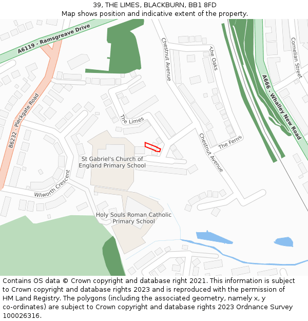 39, THE LIMES, BLACKBURN, BB1 8FD: Location map and indicative extent of plot
