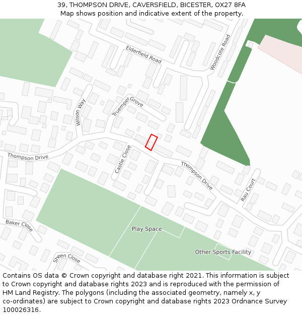 39, THOMPSON DRIVE, CAVERSFIELD, BICESTER, OX27 8FA: Location map and indicative extent of plot