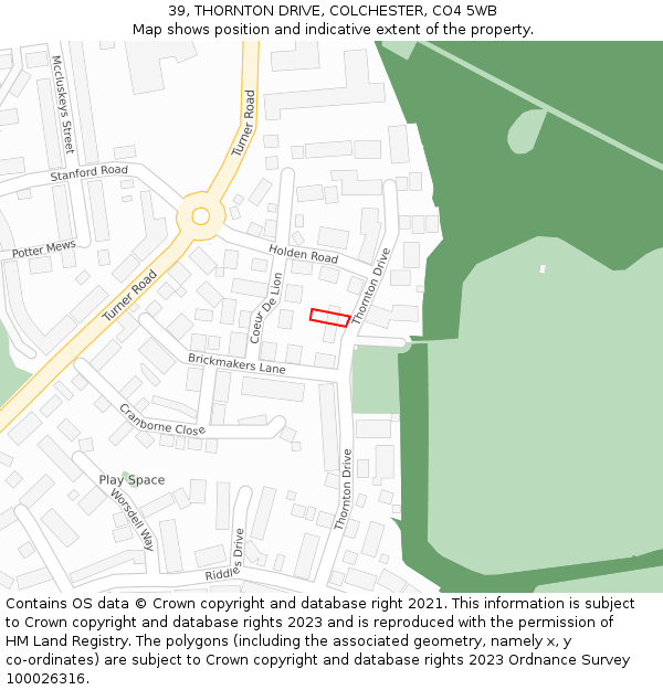 39, THORNTON DRIVE, COLCHESTER, CO4 5WB: Location map and indicative extent of plot