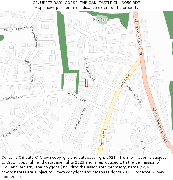 39, UPPER BARN COPSE, FAIR OAK, EASTLEIGH, SO50 8DB: Location map and indicative extent of plot