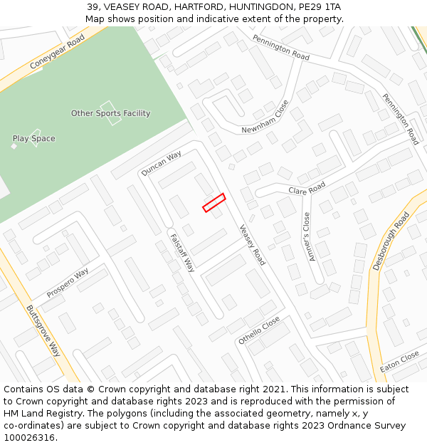 39, VEASEY ROAD, HARTFORD, HUNTINGDON, PE29 1TA: Location map and indicative extent of plot
