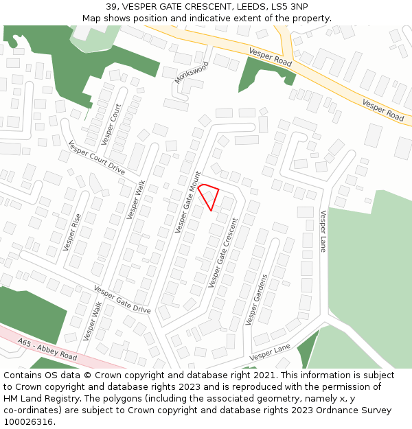 39, VESPER GATE CRESCENT, LEEDS, LS5 3NP: Location map and indicative extent of plot