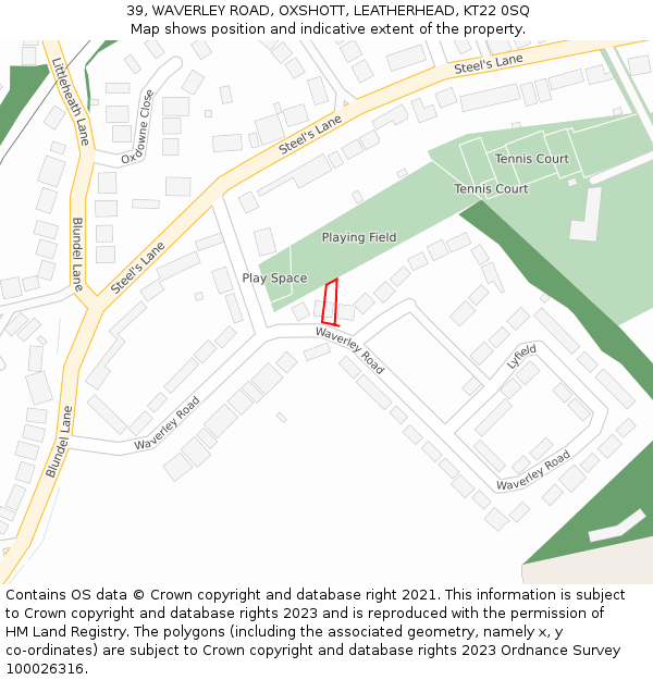 39, WAVERLEY ROAD, OXSHOTT, LEATHERHEAD, KT22 0SQ: Location map and indicative extent of plot