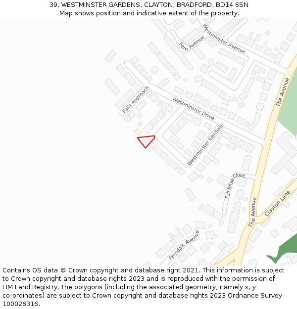 39, WESTMINSTER GARDENS, CLAYTON, BRADFORD, BD14 6SN: Location map and indicative extent of plot