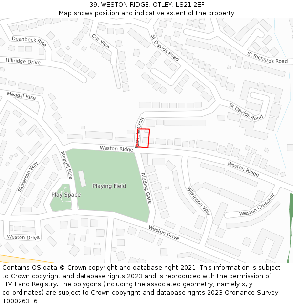39, WESTON RIDGE, OTLEY, LS21 2EF: Location map and indicative extent of plot