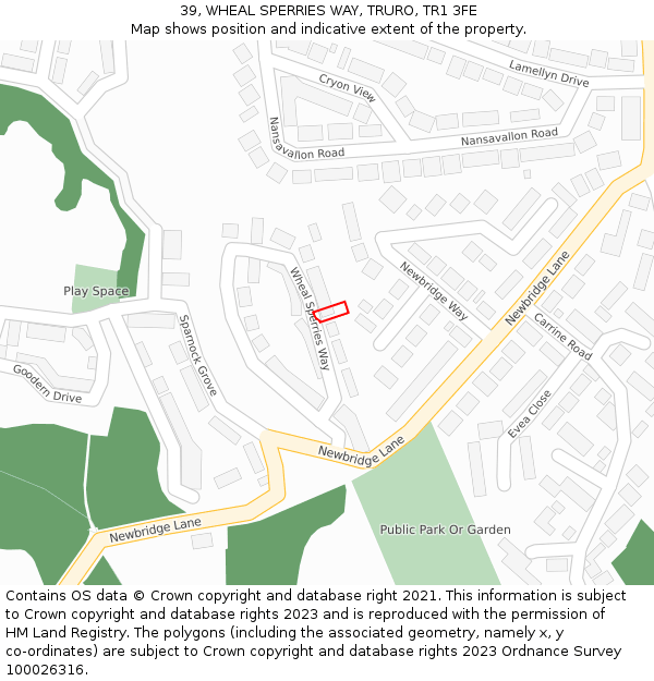 39, WHEAL SPERRIES WAY, TRURO, TR1 3FE: Location map and indicative extent of plot