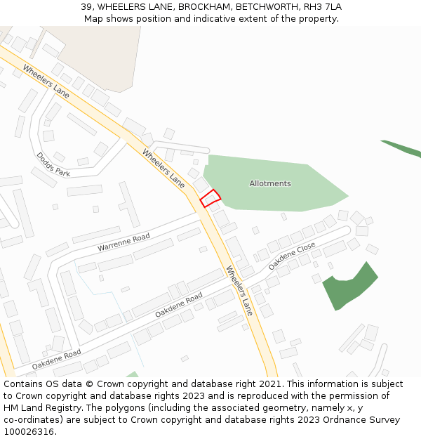 39, WHEELERS LANE, BROCKHAM, BETCHWORTH, RH3 7LA: Location map and indicative extent of plot