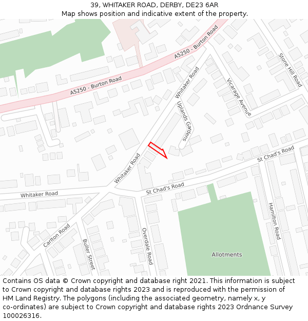 39, WHITAKER ROAD, DERBY, DE23 6AR: Location map and indicative extent of plot