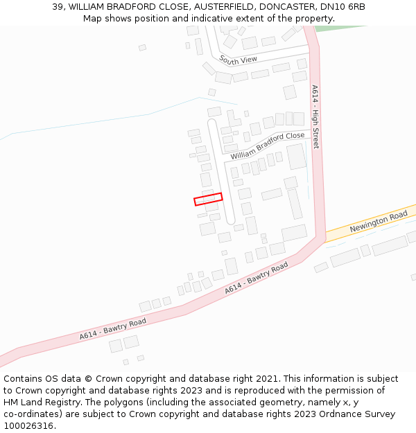 39, WILLIAM BRADFORD CLOSE, AUSTERFIELD, DONCASTER, DN10 6RB: Location map and indicative extent of plot