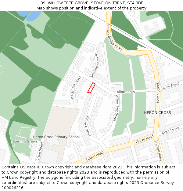 39, WILLOW TREE GROVE, STOKE-ON-TRENT, ST4 3BF: Location map and indicative extent of plot