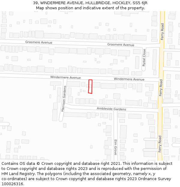 39, WINDERMERE AVENUE, HULLBRIDGE, HOCKLEY, SS5 6JR: Location map and indicative extent of plot