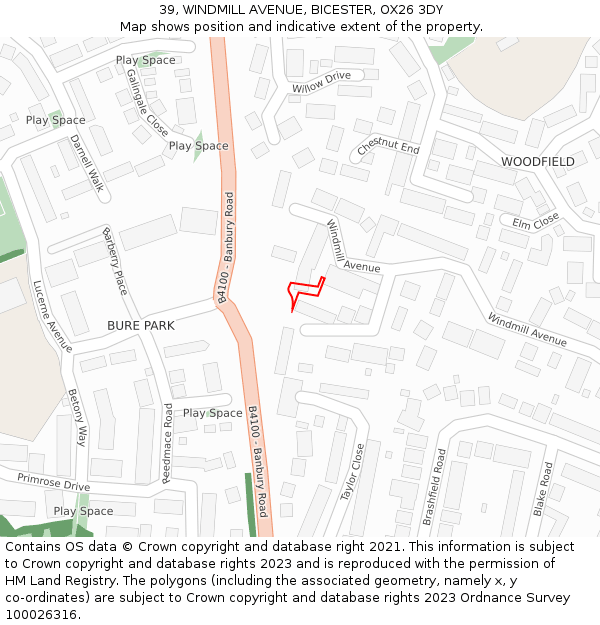 39, WINDMILL AVENUE, BICESTER, OX26 3DY: Location map and indicative extent of plot