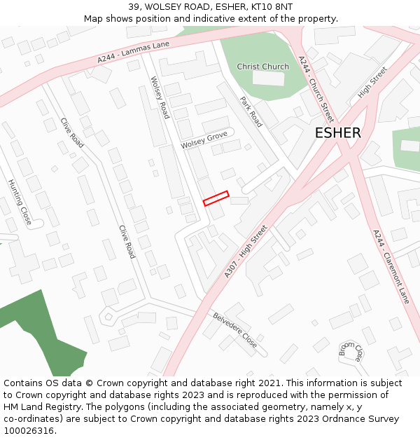39, WOLSEY ROAD, ESHER, KT10 8NT: Location map and indicative extent of plot