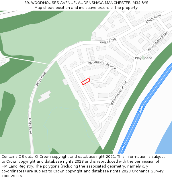 39, WOODHOUSES AVENUE, AUDENSHAW, MANCHESTER, M34 5YS: Location map and indicative extent of plot