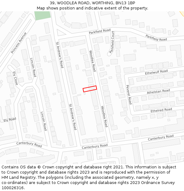 39, WOODLEA ROAD, WORTHING, BN13 1BP: Location map and indicative extent of plot