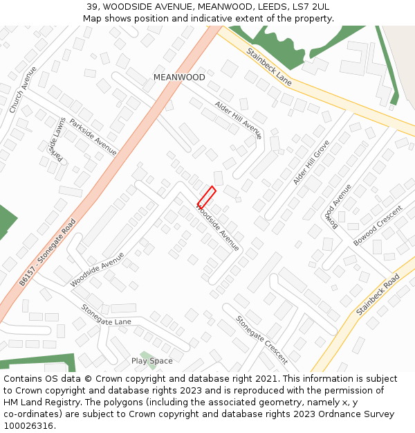 39, WOODSIDE AVENUE, MEANWOOD, LEEDS, LS7 2UL: Location map and indicative extent of plot