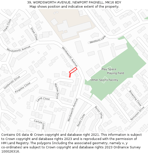 39, WORDSWORTH AVENUE, NEWPORT PAGNELL, MK16 8DY: Location map and indicative extent of plot