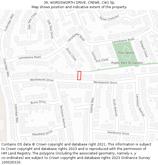39, WORDSWORTH DRIVE, CREWE, CW1 5JL: Location map and indicative extent of plot