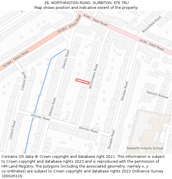 39, WORTHINGTON ROAD, SURBITON, KT6 7RU: Location map and indicative extent of plot