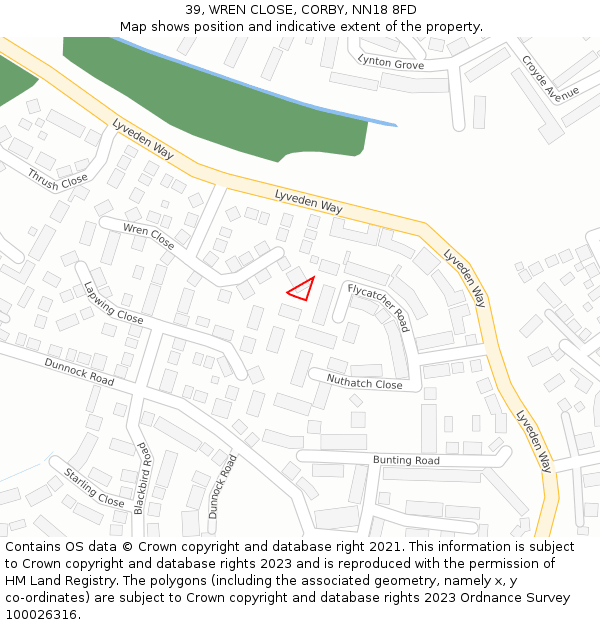 39, WREN CLOSE, CORBY, NN18 8FD: Location map and indicative extent of plot