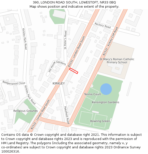 390, LONDON ROAD SOUTH, LOWESTOFT, NR33 0BQ: Location map and indicative extent of plot