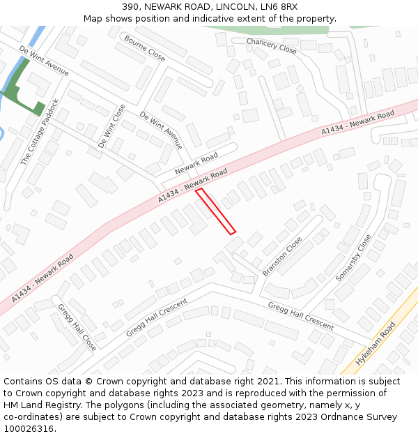 390, NEWARK ROAD, LINCOLN, LN6 8RX: Location map and indicative extent of plot