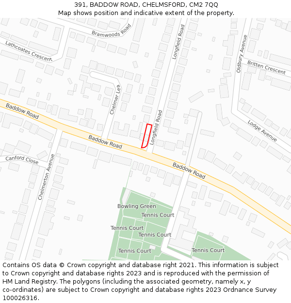 391, BADDOW ROAD, CHELMSFORD, CM2 7QQ: Location map and indicative extent of plot