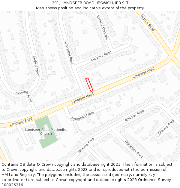 391, LANDSEER ROAD, IPSWICH, IP3 9LT: Location map and indicative extent of plot