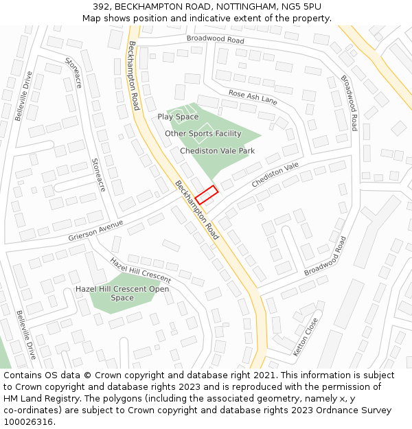 392, BECKHAMPTON ROAD, NOTTINGHAM, NG5 5PU: Location map and indicative extent of plot