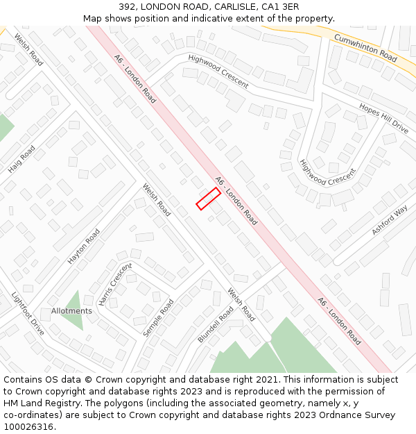 392, LONDON ROAD, CARLISLE, CA1 3ER: Location map and indicative extent of plot