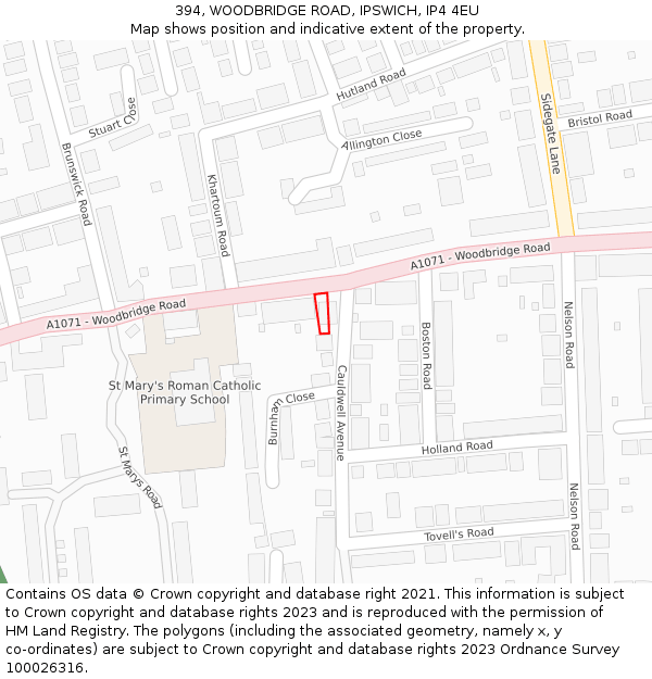 394, WOODBRIDGE ROAD, IPSWICH, IP4 4EU: Location map and indicative extent of plot