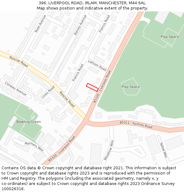 396, LIVERPOOL ROAD, IRLAM, MANCHESTER, M44 6AL: Location map and indicative extent of plot