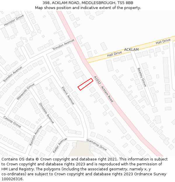 398, ACKLAM ROAD, MIDDLESBROUGH, TS5 8BB: Location map and indicative extent of plot