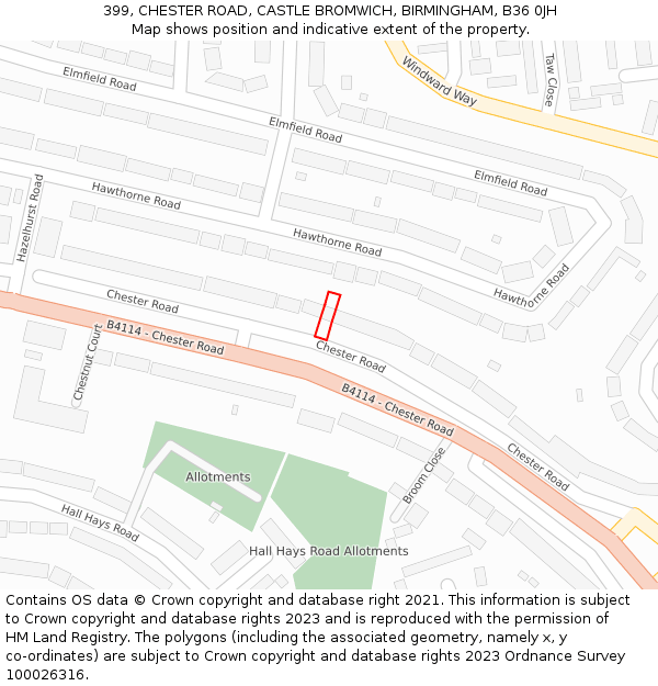 399, CHESTER ROAD, CASTLE BROMWICH, BIRMINGHAM, B36 0JH: Location map and indicative extent of plot